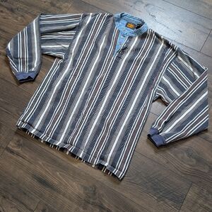 Faded Glory 90s Vintage Jean Blue White Striped Henley Long Sleeve  Size‎ Medium
